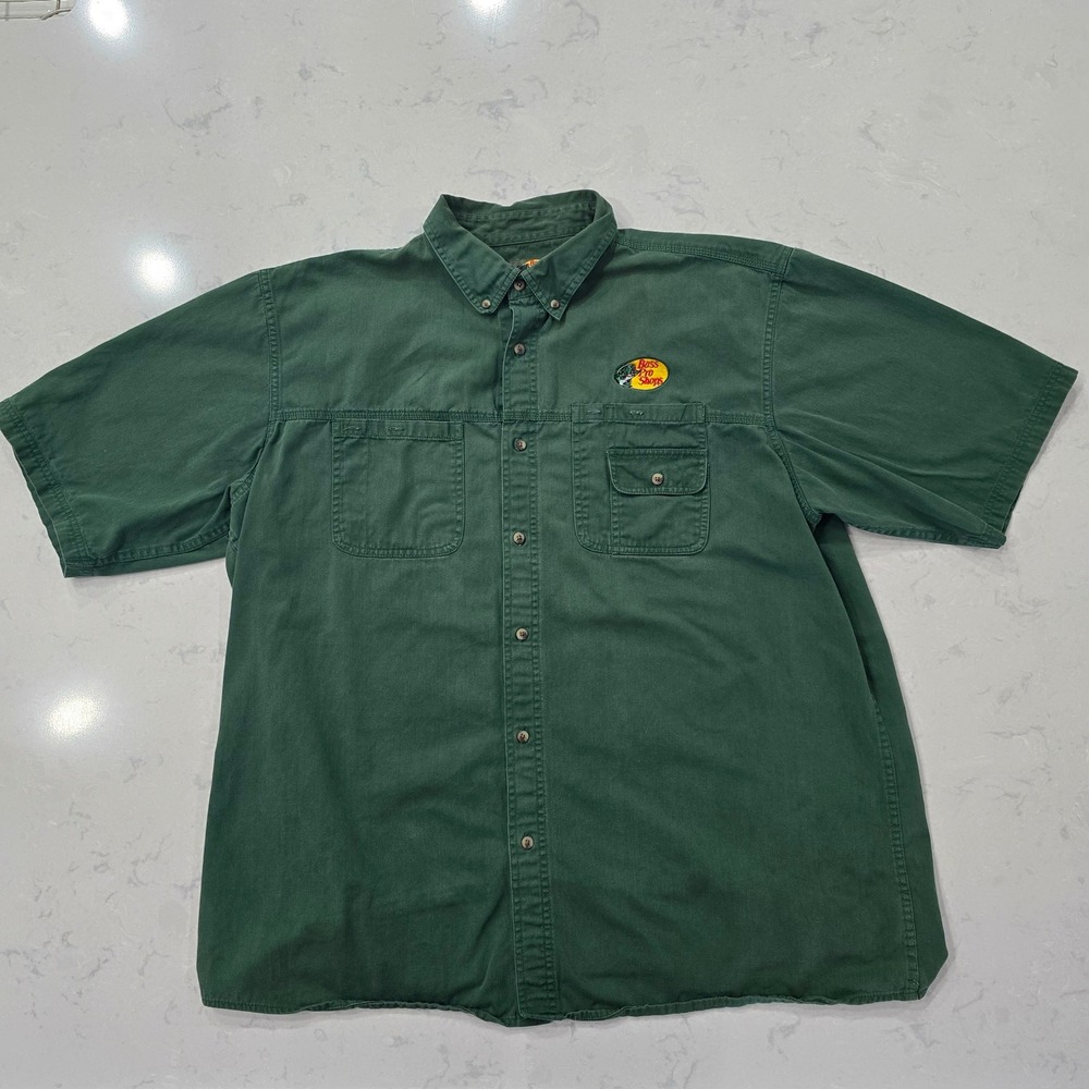 Bass Pro Shops Mens 2XLT Green Short Sleeve Cotton Twill Button Down Shirt Logo